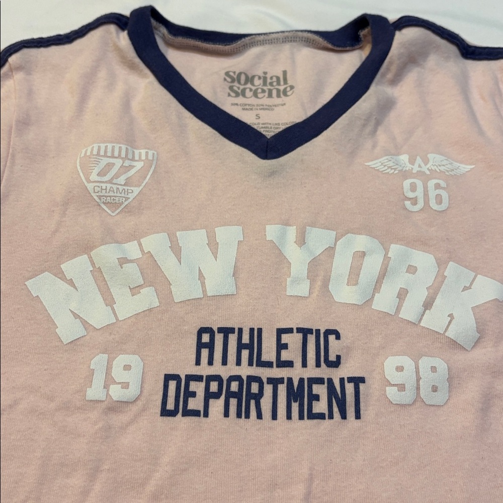 Y2K Pastel Pink + Blue Sporty Racing Stripe Baby Tee New York Athletic Dept 1998